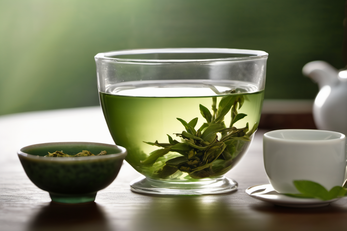 Glass gaiwan with rolled Bi Luo Chun tea leaves uncurling in jade-green liquor, white porcelain teaware