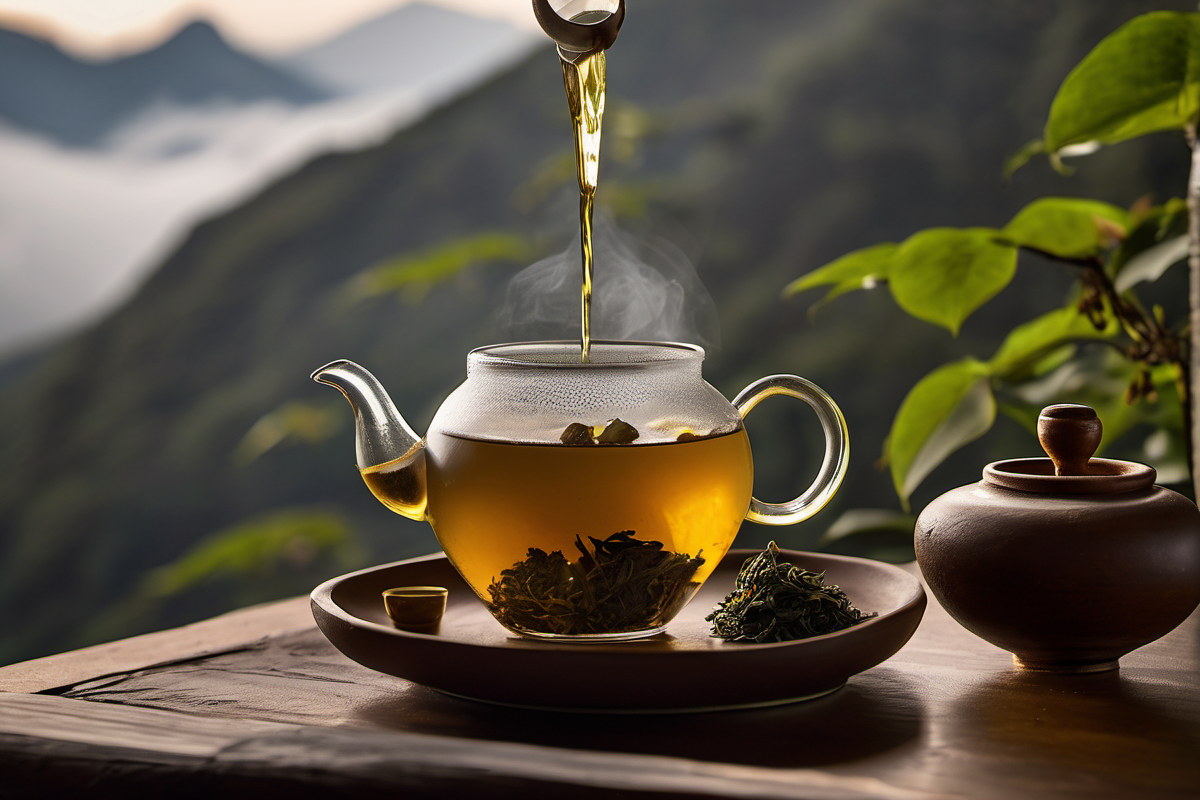 Glass teapot with semi-ball shaped Dong Ding oolong leaves, golden honey liquor being poured into white teacup, misty Lishan mountain background