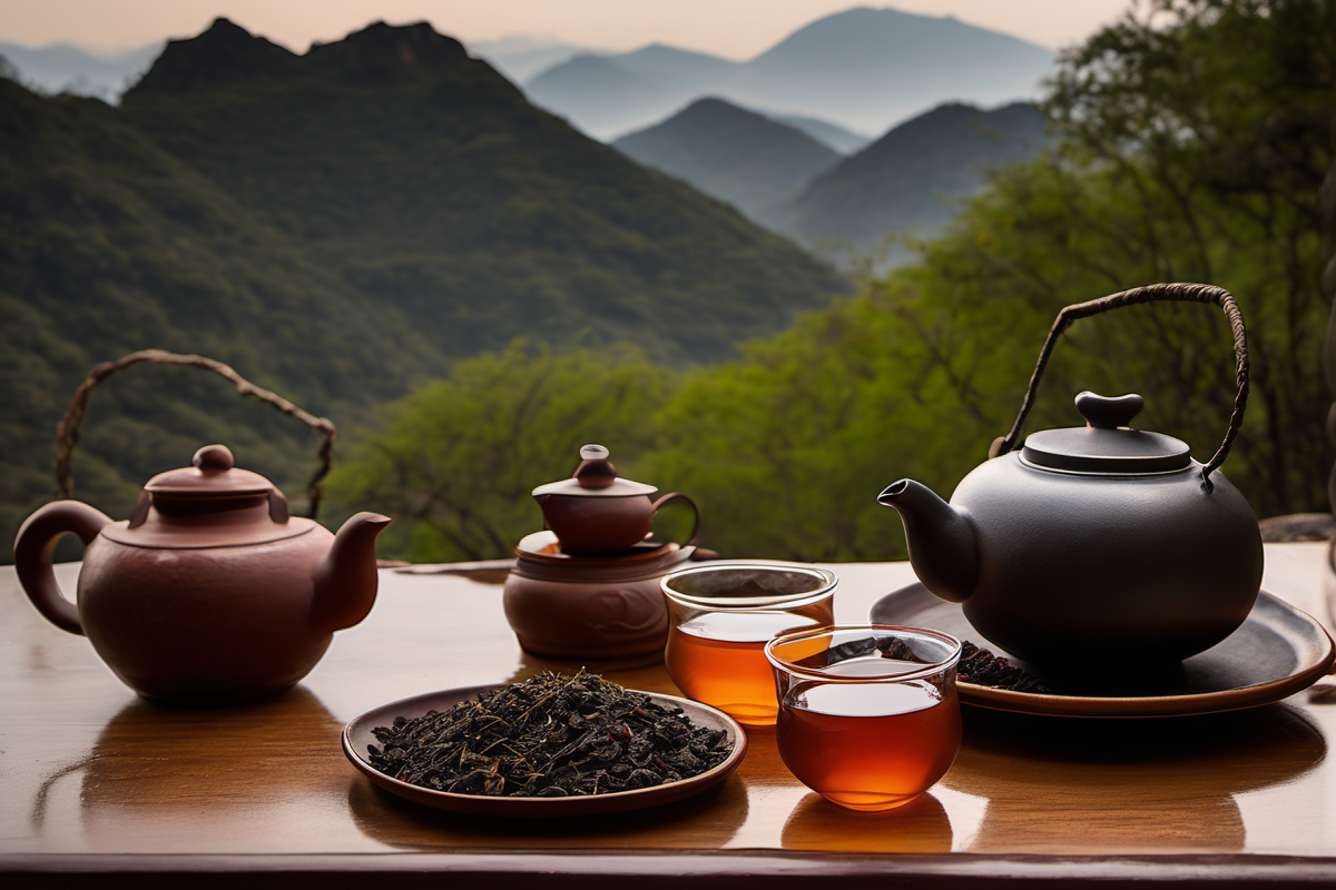 Three Yixing clay teapots in zhuni red and dark brown, two cups of deep amber Rou Gui cinnamon rock tea, dark twisted Wuyi rock tea leaves, Wuyi mountain cliff background