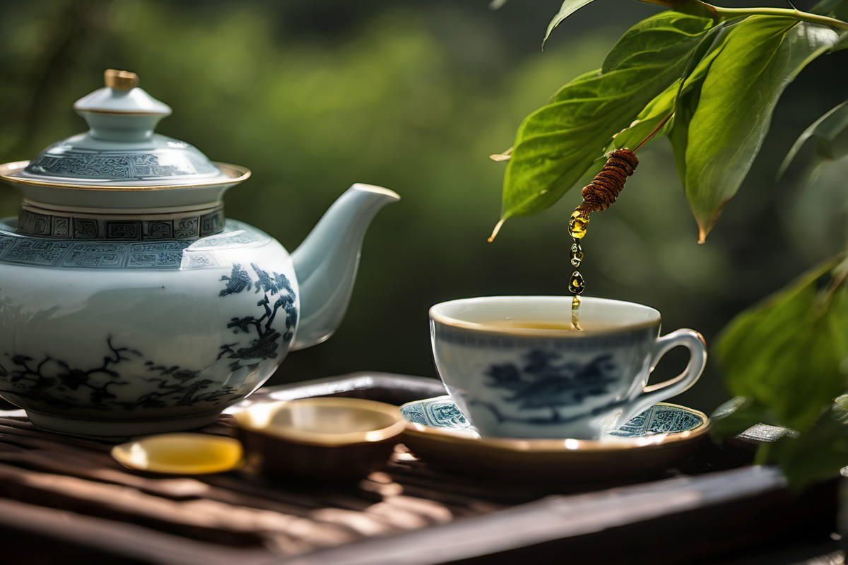 Blue and white porcelain celadon gaiwan with long twisted Phoenix Dan Cong leaves, golden honey liquor dripping from green tea leaves, traditional Chinese gongfu teaware set