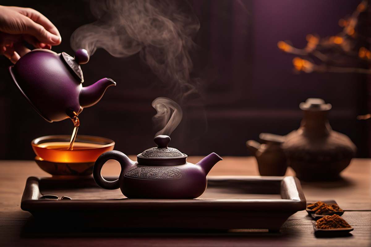 Traditional Yixing zisha purple clay teapot with steam and amber tea being poured, dark wood tea tray, warm dramatic lighting