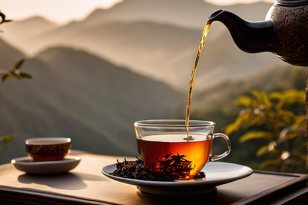 Chinese Keemun Qimen black tea dark twisted leaves in glass pitcher with copper-amber liquor being poured
